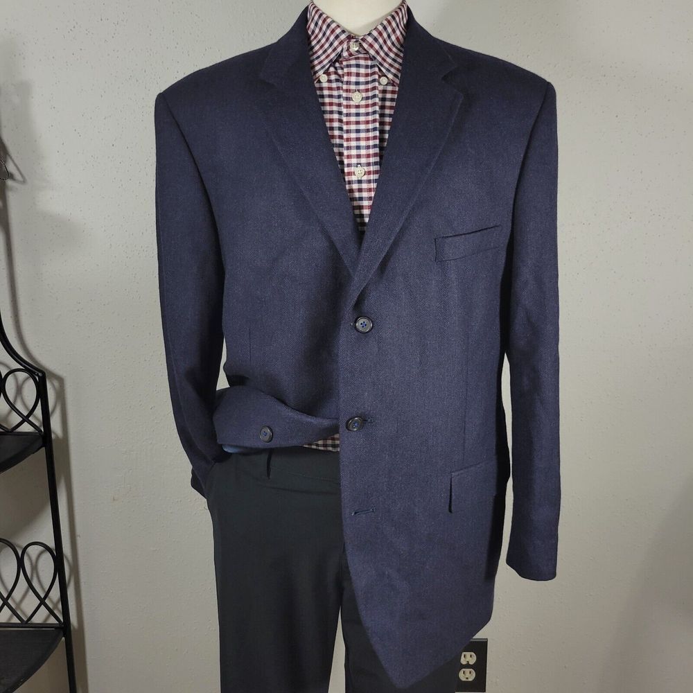 Stafford Men's Sport Coat Blazer Three Button Navy Herringbone Wool‎ Size 46R